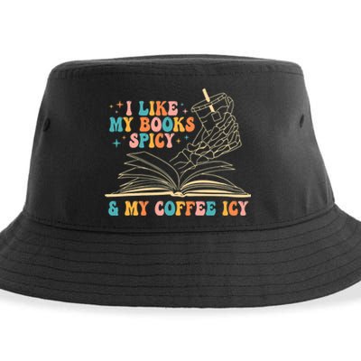 I Like My Books Spicy And My Coffee Icy Skeleton Hand Book Sustainable Bucket Hat