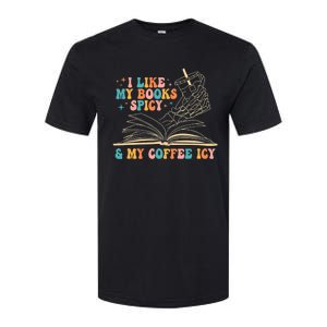 I Like My Books Spicy And My Coffee Icy Skeleton Hand Book Softstyle CVC T-Shirt