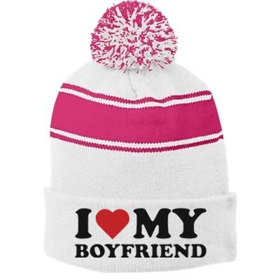 I Love My Boyfriend Baby Stripe Pom Pom Beanie