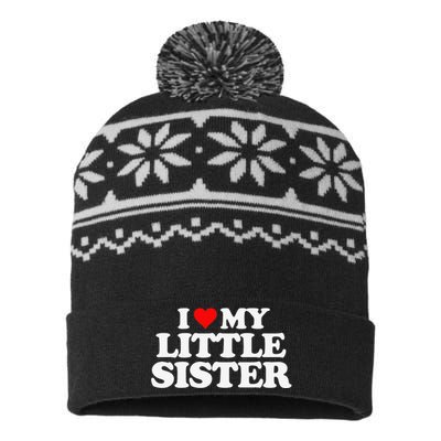 I Love My Little Sister Heart Funny Fun Gift Tee USA-Made Snowflake Beanie