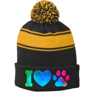 I Love My Dog Paw Print Colorful Stripe Pom Pom Beanie