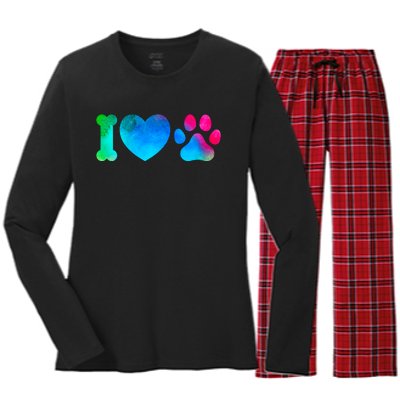 I Love My Dog Paw Print Colorful Women's Long Sleeve Flannel Pajama Set 