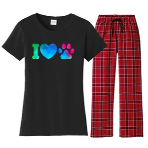 I Love My Dog Paw Print Colorful Women's Flannel Pajama Set