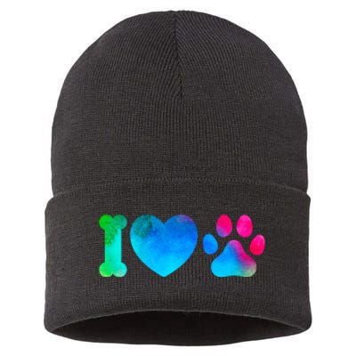 I Love My Dog Paw Print Colorful Sustainable Knit Beanie