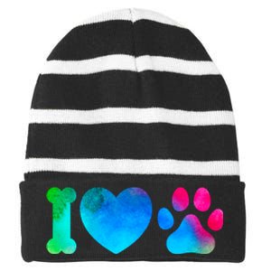 I Love My Dog Paw Print Colorful Striped Beanie with Solid Band