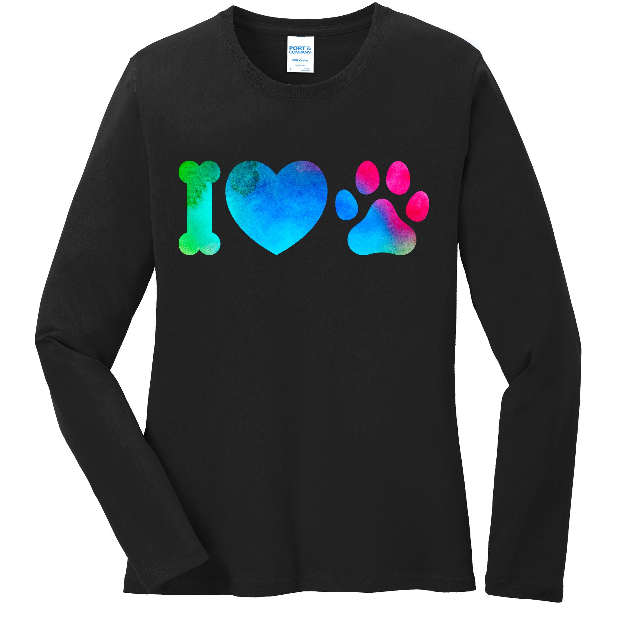I Love My Dog Paw Print Colorful Ladies Long Sleeve Shirt