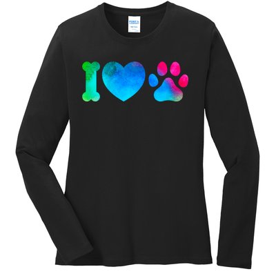 I Love My Dog Paw Print Colorful Ladies Long Sleeve Shirt