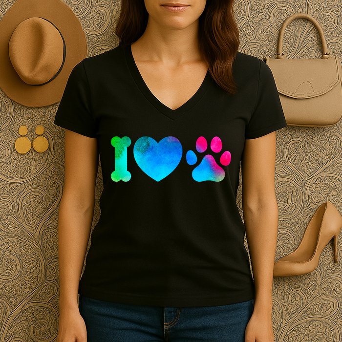 I Love My Dog Paw Print Colorful Women's V-Neck T-Shirt