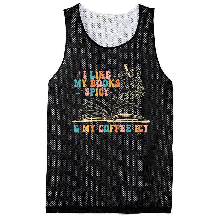 I Like My Books Spicy And My Coffee Icy Skeleton Hand Book Mesh Reversible Basketball Jersey Tank