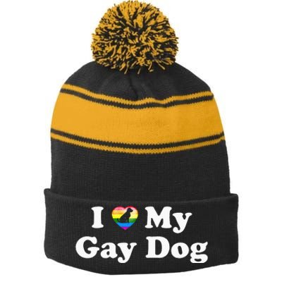 I Love My Gay Dog Heart Funny LGBT Pet Pride Proud Parent Stripe Pom Pom Beanie