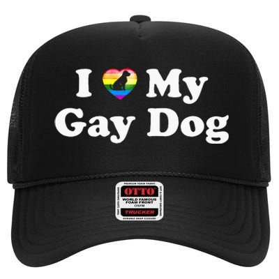 I Love My Gay Dog Heart Funny LGBT Pet Pride Proud Parent High Crown Mesh Back Trucker Hat