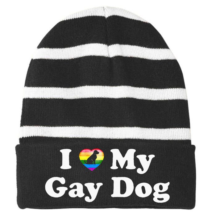 I Love My Gay Dog Heart Funny LGBT Pet Pride Proud Parent Striped Beanie with Solid Band