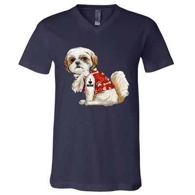 I Love Mom Tattoo Shih Tzu Mom Funny MotherS Day Gift V-Neck T-Shirt