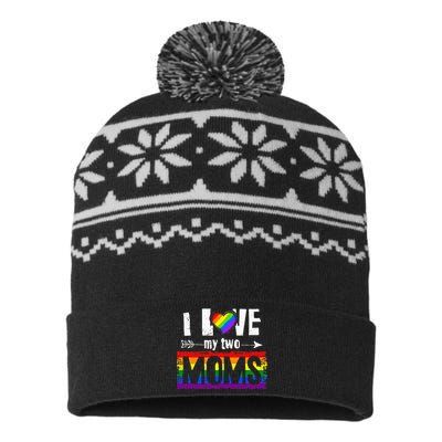 I Love My Two Moms Lesbian LGBT Pride Gifts USA-Made Snowflake Beanie