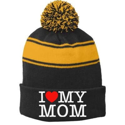 I Love My Mom Stripe Pom Pom Beanie