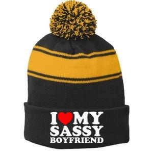 I Love My Sassy Boyfriend Bf Stripe Pom Pom Beanie