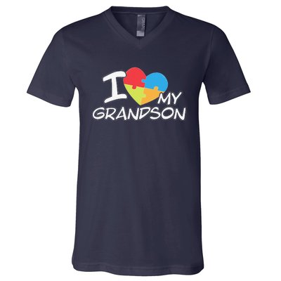 I Love My Autistic Grandson Autism Awareness Month V-Neck T-Shirt