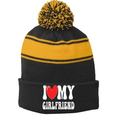 I Love My Girlfriend Stripe Pom Pom Beanie