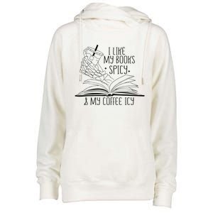 I Like My Books Spicy and My Coffee Icy Skeleton Hand Book Womens Funnel Neck Pullover Hood