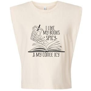 I Like My Books Spicy and My Coffee Icy Skeleton Hand Book Garment-Dyed Women's Muscle Tee