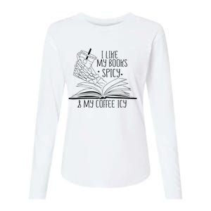 I Like My Books Spicy and My Coffee Icy Skeleton Hand Book Womens Cotton Relaxed Long Sleeve T-Shirt