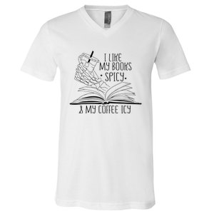 I Like My Books Spicy and My Coffee Icy Skeleton Hand Book V-Neck T-Shirt