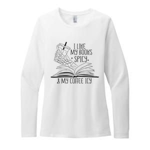 I Like My Books Spicy and My Coffee Icy Skeleton Hand Book Womens CVC Long Sleeve Shirt