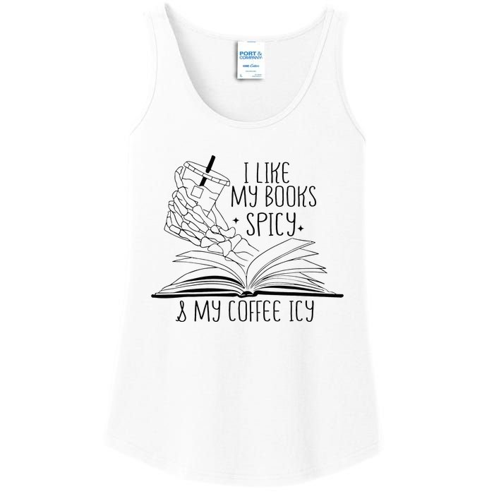 I Like My Books Spicy and My Coffee Icy Skeleton Hand Book Ladies Essential Tank