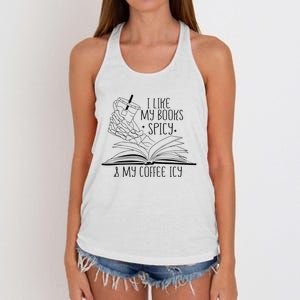 I Like My Books Spicy and My Coffee Icy Skeleton Hand Book Women's Knotted Racerback Tank