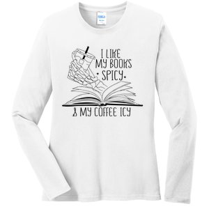 I Like My Books Spicy and My Coffee Icy Skeleton Hand Book Ladies Long Sleeve Shirt