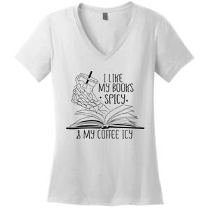 I Like My Books Spicy and My Coffee Icy Skeleton Hand Book Women's V-Neck T-Shirt