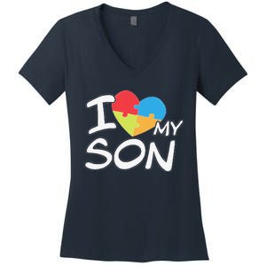 I Love My Autistic Son Autism Awareness Month Women's V-Neck T-Shirt