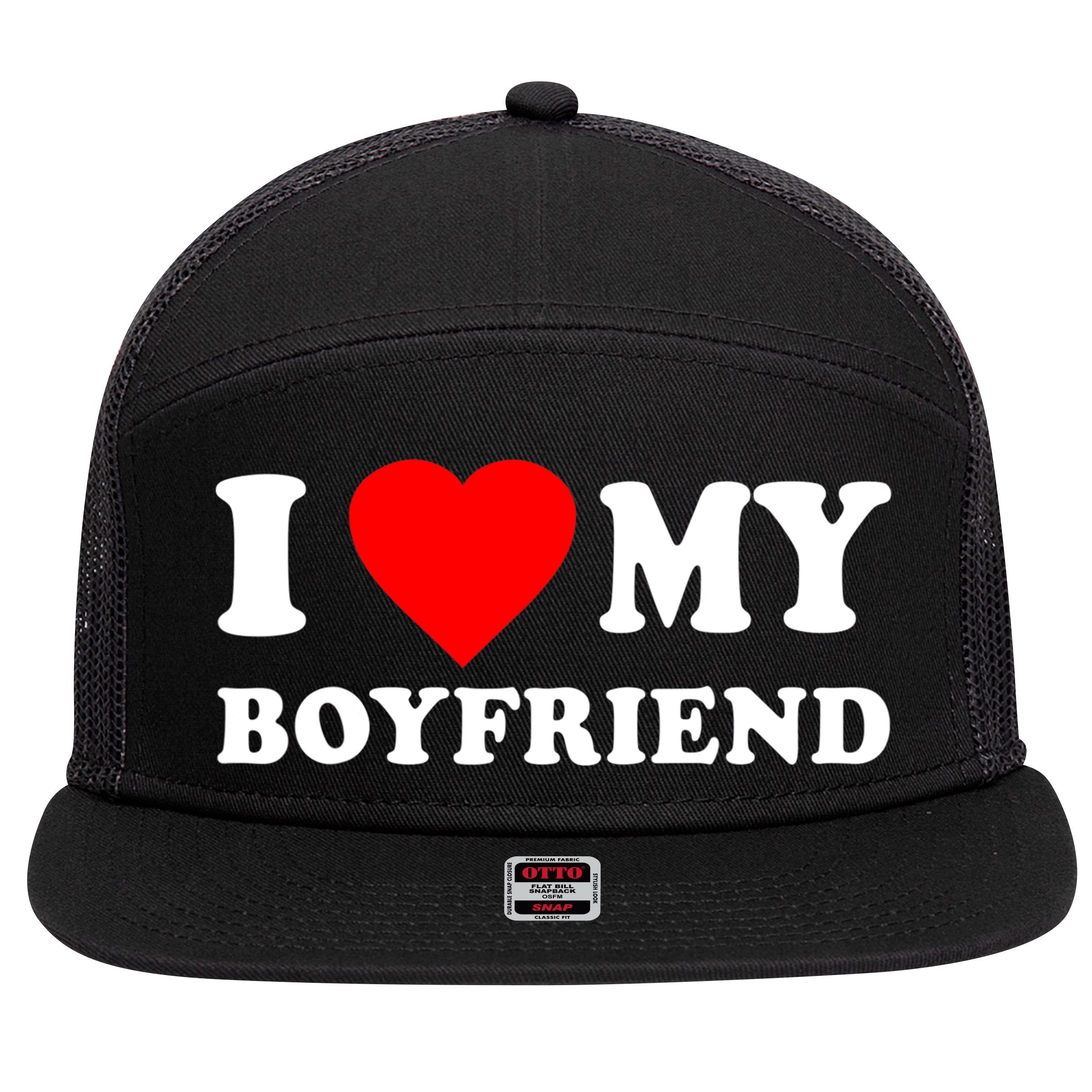 I Love My Boyfriend Design 7 Panel Mesh Trucker Snapback Hat