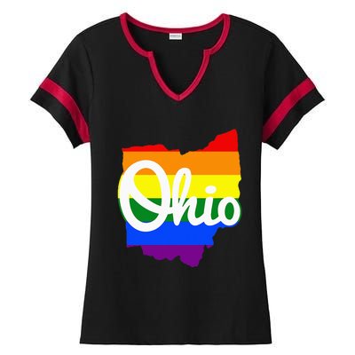 I Love My Ohio Home Script Ohio Pride Flag Ladies Halftime Notch Neck Tee