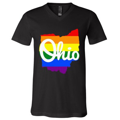 I Love My Ohio Home Script Ohio Pride Flag V-Neck T-Shirt