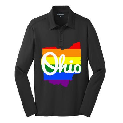 I Love My Ohio Home Script Ohio Pride Flag Silk Touch Performance Long Sleeve Polo