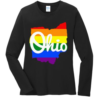 I Love My Ohio Home Script Ohio Pride Flag Ladies Long Sleeve Shirt