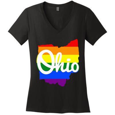 I Love My Ohio Home Script Ohio Pride Flag Women's V-Neck T-Shirt