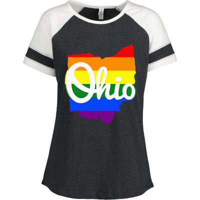 I Love My Ohio Home Script Ohio Pride Flag Enza Ladies Jersey Colorblock Tee