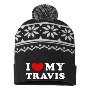 I Love My Travis I Heart My Travis funny quotes USA-Made Snowflake Beanie