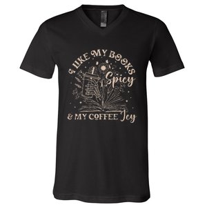 I Like My Books Spicy And My Coffee Icy Skeleton Book Lovers V-Neck T-Shirt