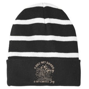 I Like My Books Spicy And My Coffee Icy Skeleton Book Lovers Striped Beanie with Solid Band