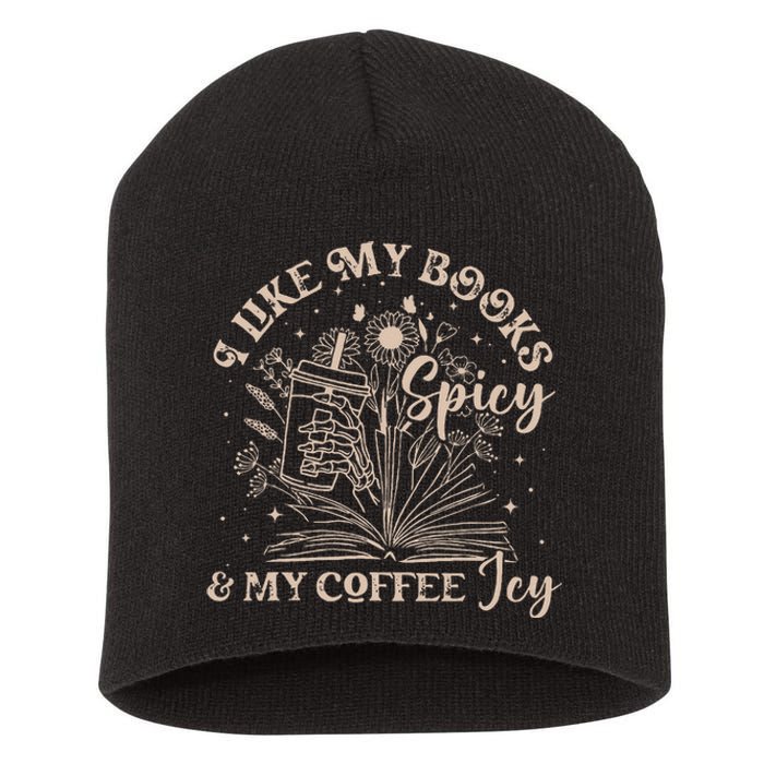 I Like My Books Spicy And My Coffee Icy Skeleton Book Lovers Short Acrylic Beanie