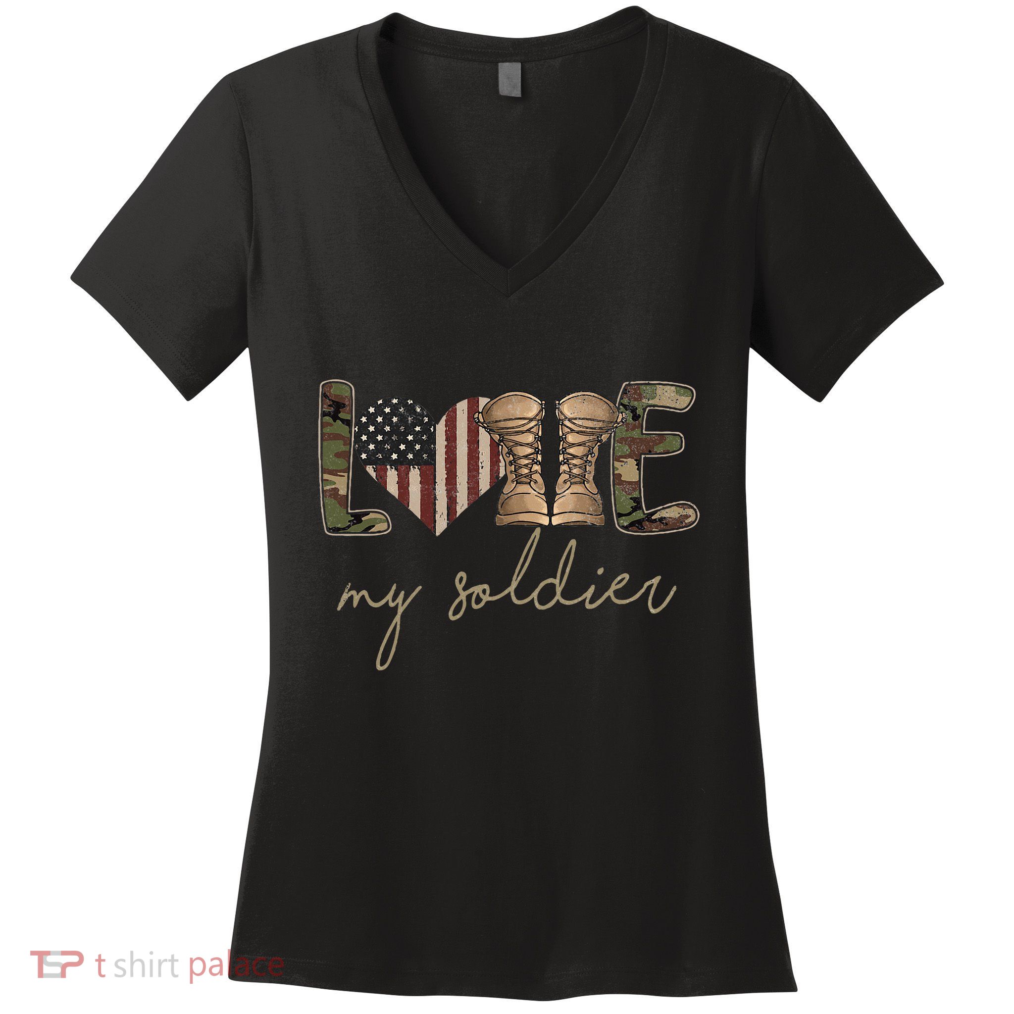 I Love My Soldier Military Army Wife USA Camour Flag Women's V-Neck T-Shirt