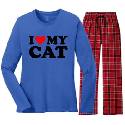 I Love My Cat Funny Red Heart Cat I Heart My Cat Cool Gift Women's Long Sleeve Flannel Pajama Set 