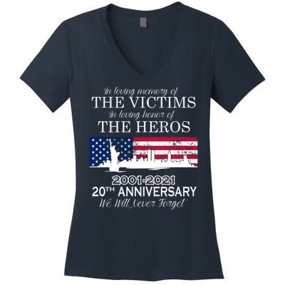 In Loving Memory Of The Victims Heroes 9/11 20th Anniversary Women's V-Neck T-Shirt