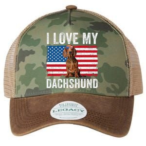 I Love My Dachshund Dad Mom American Flag Weiner Dog Doxie Legacy Tie Dye Trucker Hat