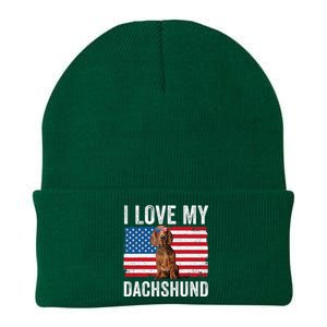 I Love My Dachshund Dad Mom American Flag Weiner Dog Doxie Knit Cap Winter Beanie