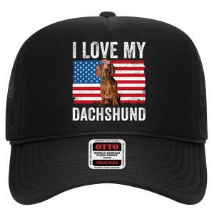 I Love My Dachshund Dad Mom American Flag Weiner Dog Doxie High Crown Mesh Back Trucker Hat