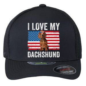 I Love My Dachshund Dad Mom American Flag Weiner Dog Doxie Flexfit Unipanel Trucker Cap